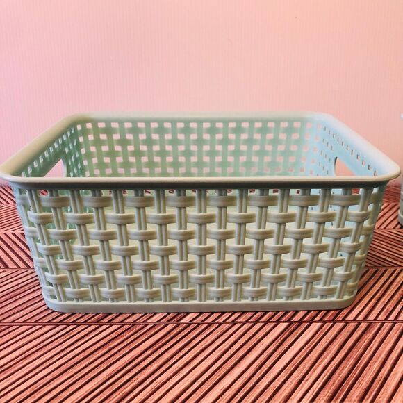 The Spring Shop Storage Plastic Bins Woven Pale Mint Green Set of 2 - Picture 4 of 4